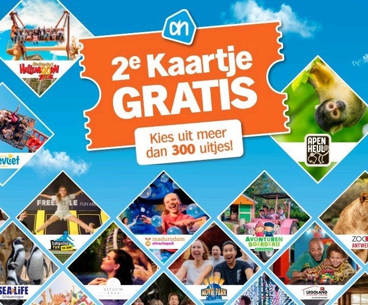 AH: 2e kaartje GRATIS, oa Madurodam, Hellendoorn, Apenheul, Drie personen of meer, Kortingskaart