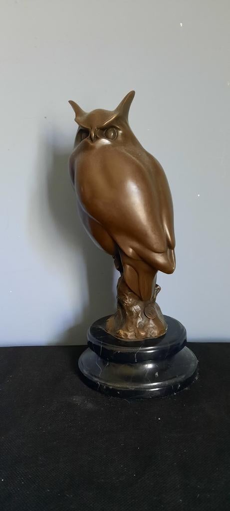 Bronzen Uil Beeld op Marmeren Sokkel - 30 cm, Gepatineerd, Ophalen of Verzenden, Brons, 20 - 50 cm