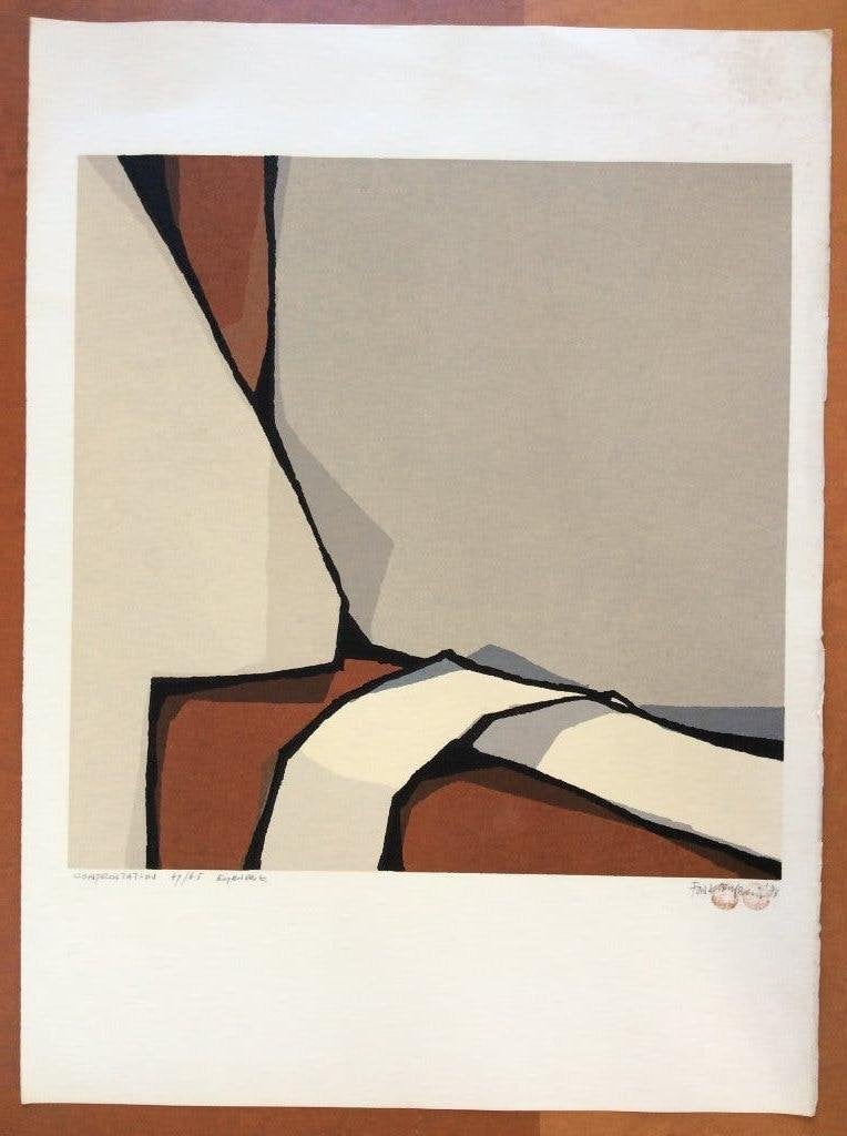 Fon Klement, boardsnede, grafiek, 'Confrontation', Abstract, Zeefdruk, Gesigneerd, Ophalen of Verzenden