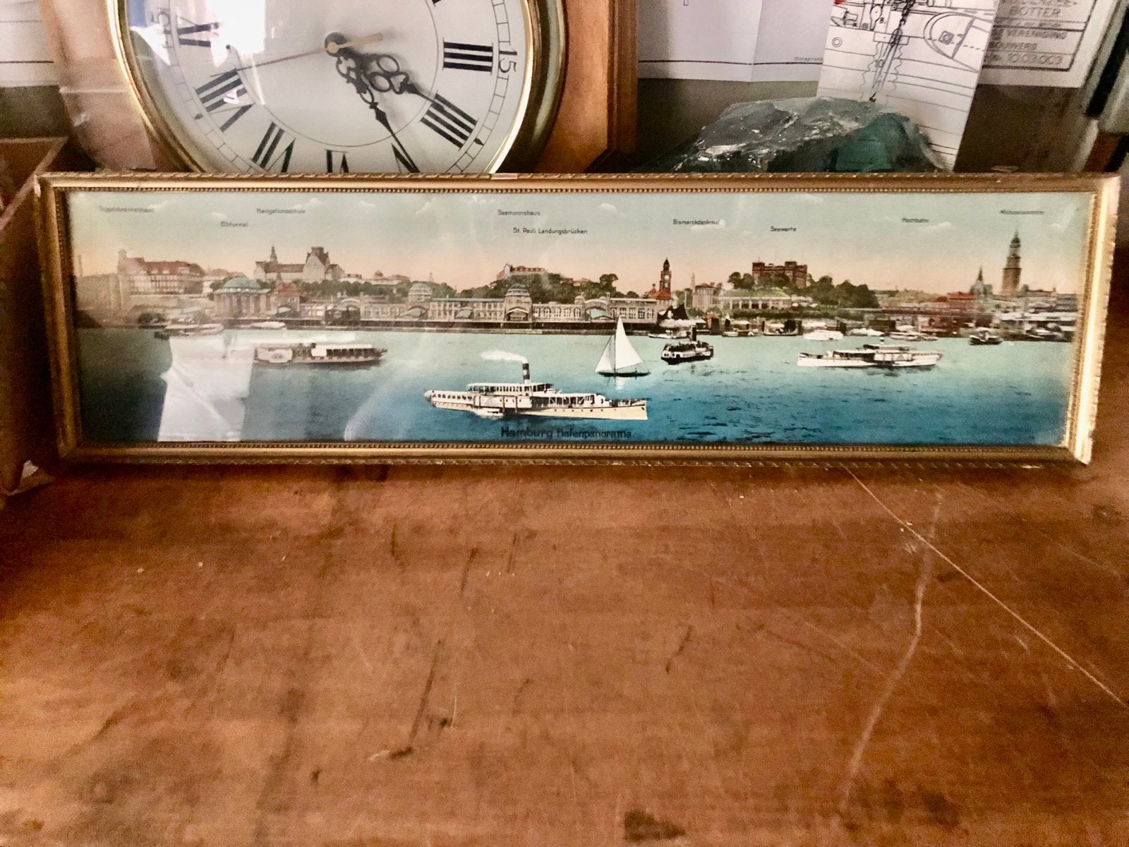 Vintage Hamburg Haven Panorama Print in Gouden Lijst, Ophalen of Verzenden