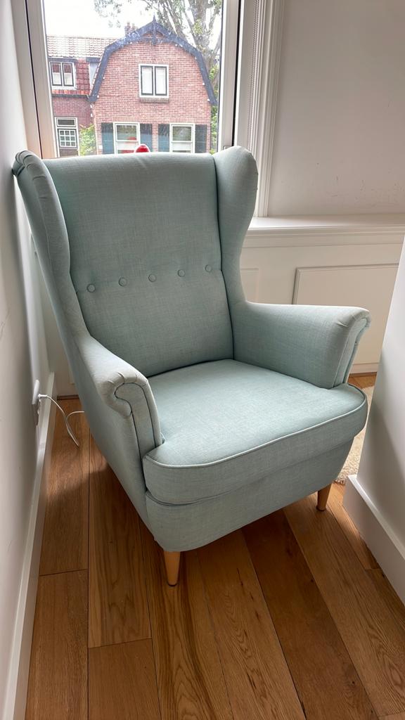 IKEA STRANDMON Oorfauteuil Turquoise, Ophalen, Gebruikt, 75 tot 100 cm, 50 tot 75 cm