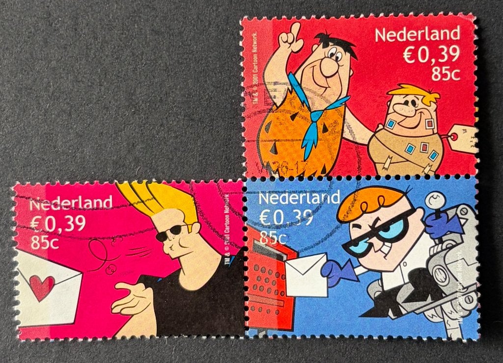 Postzegel trio Cartoon netwerk Johnny Bravo, Fred, Dexter, Ophalen of Verzenden, Na 1940, Gestempeld