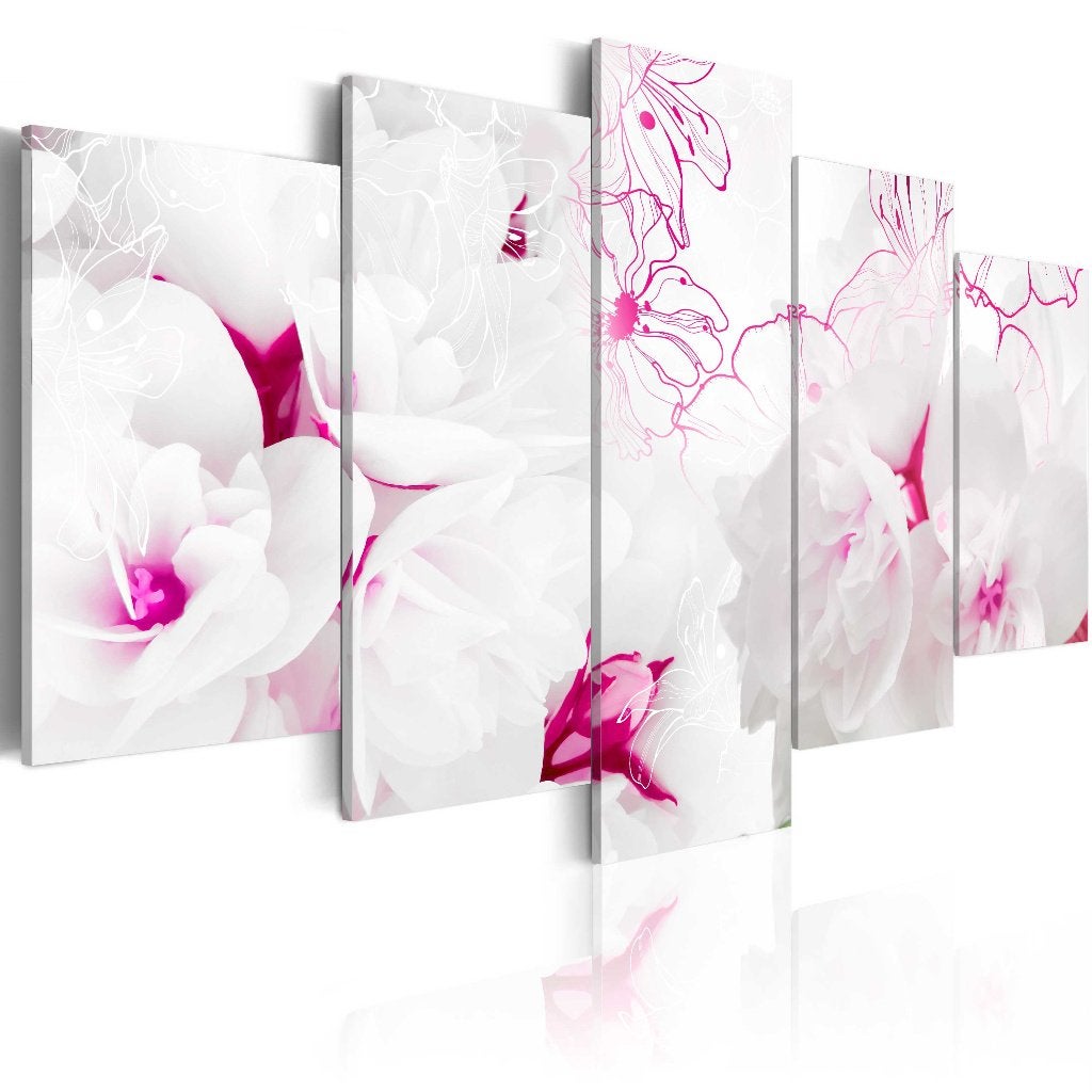 642 Roze Witte Bloemen 5 Luik Canvas Schilderij 200x100cm, Huis en Inrichting, Nieuw, 125 cm of meer, Ophalen of Verzenden, Schilderij