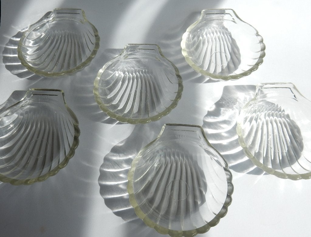 6 Glazen schelpen  Pyrex voor boter / kaviaar zo of schelpen, Ophalen of Verzenden, Glas, Overige stijlen, Bord(en)