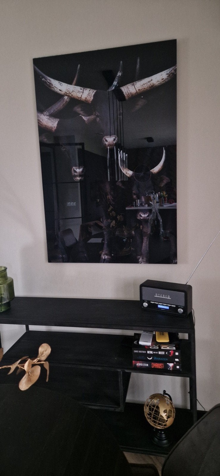Groot schilderij op plexiglas: 3 Watusi runderen (120x80), Ophalen, Gebruikt, Schilderij, 100 tot 125 cm