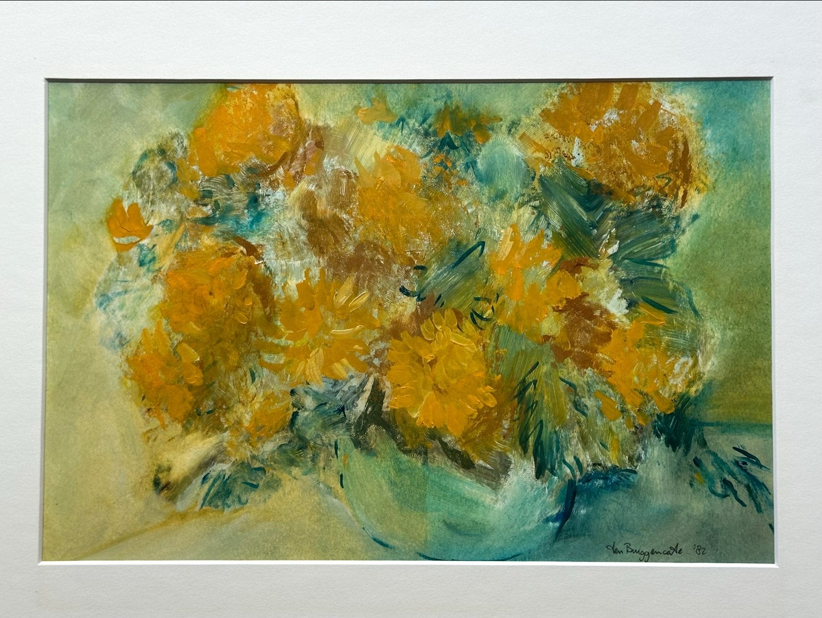 Zonnebloemen Gouache/Aquarel Bart ten Bruggencate 1982, Verzenden, Papier/karton, Gesigneerd, Gemengde techniek