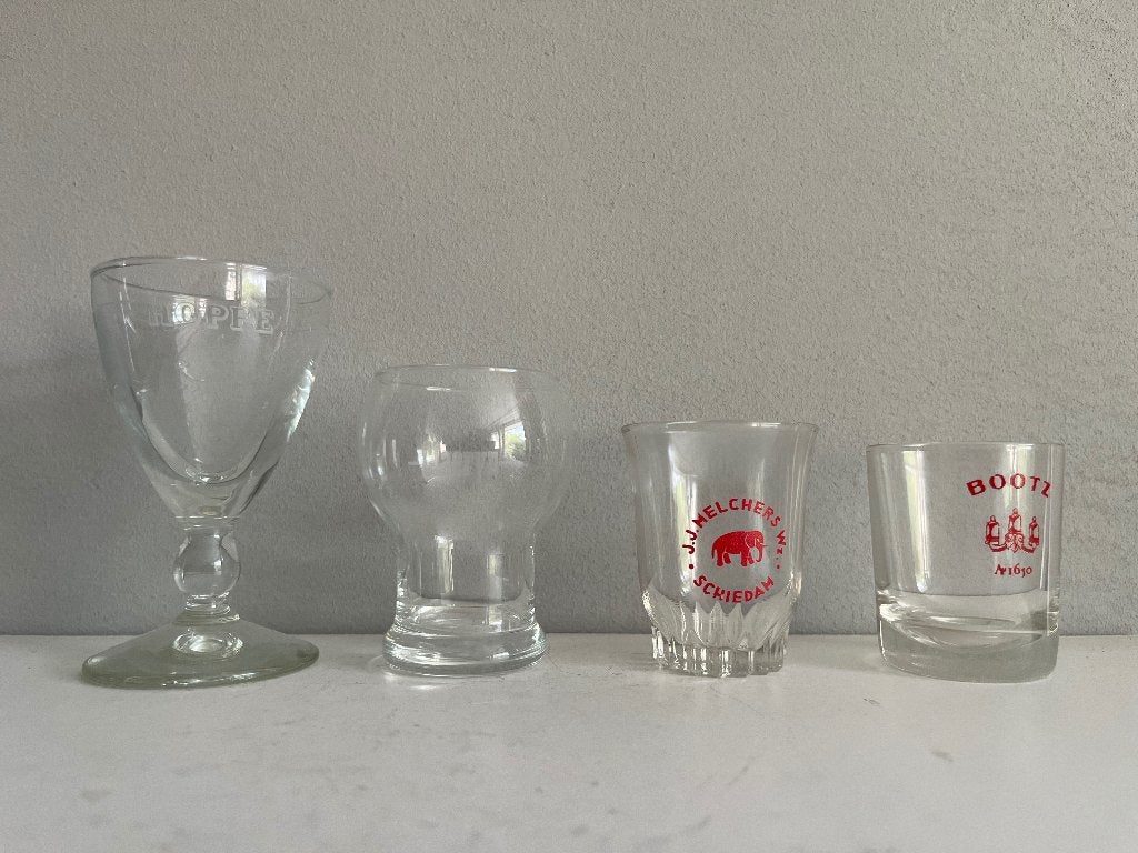 Verschillende vintage jeneverglaasjes Hoppe, Bootz, Melchers, Ophalen, Zo goed als nieuw, Borrel- of Shotglas