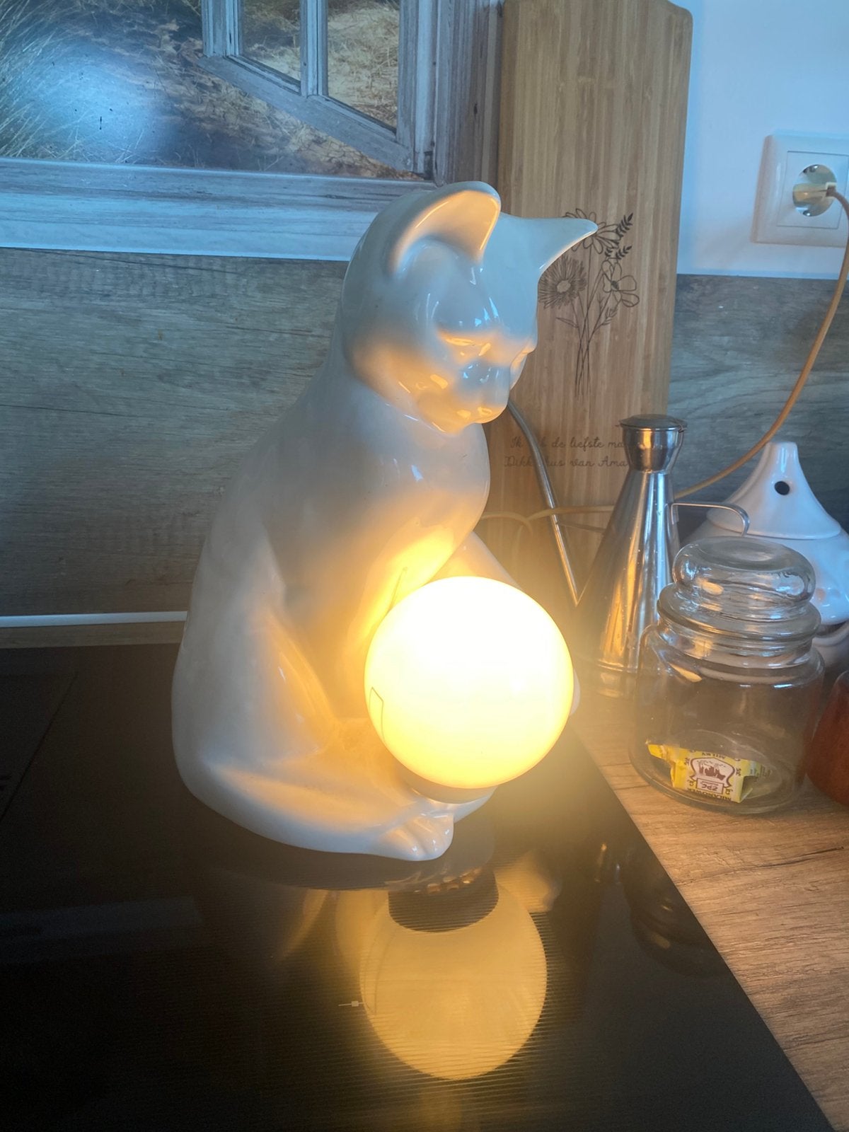 Vintage porseleinen poes met licht bol / lamp ‘70, Ophalen of Verzenden, Zo goed als nieuw, Art deco