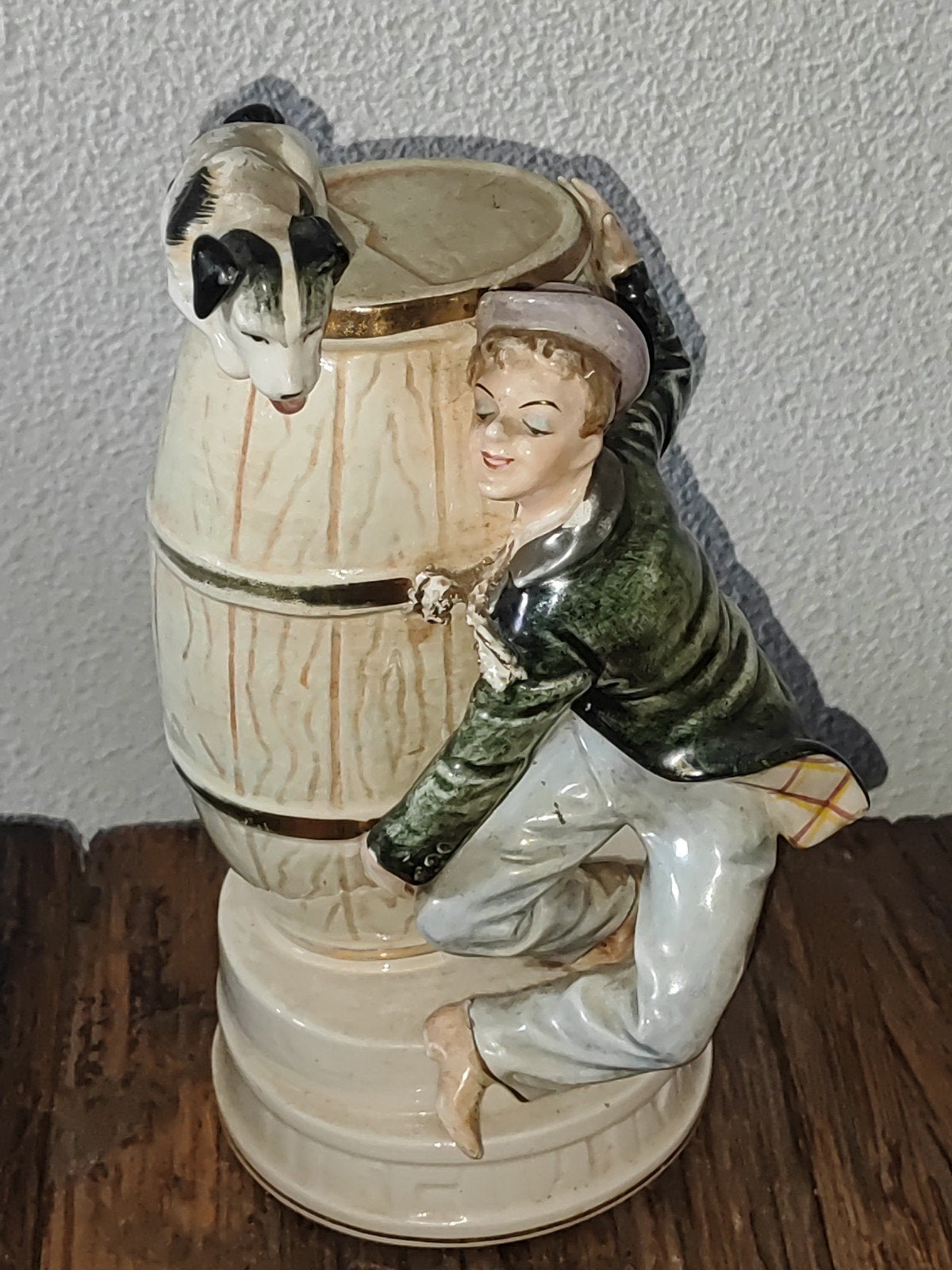 Antieke Speeldoos Karaf - Jongen met Hond op Vat, Antiek en Kunst, Ophalen of Verzenden