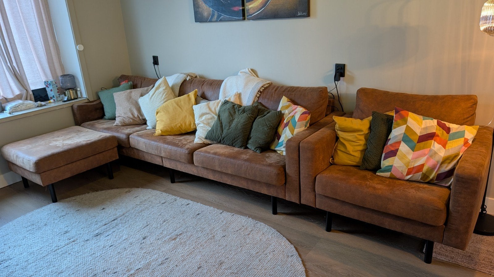 Leen Bakker Collin Set: 4-zitsbank, Fauteuil & Hocker, Ophalen, Gebruikt, Stof