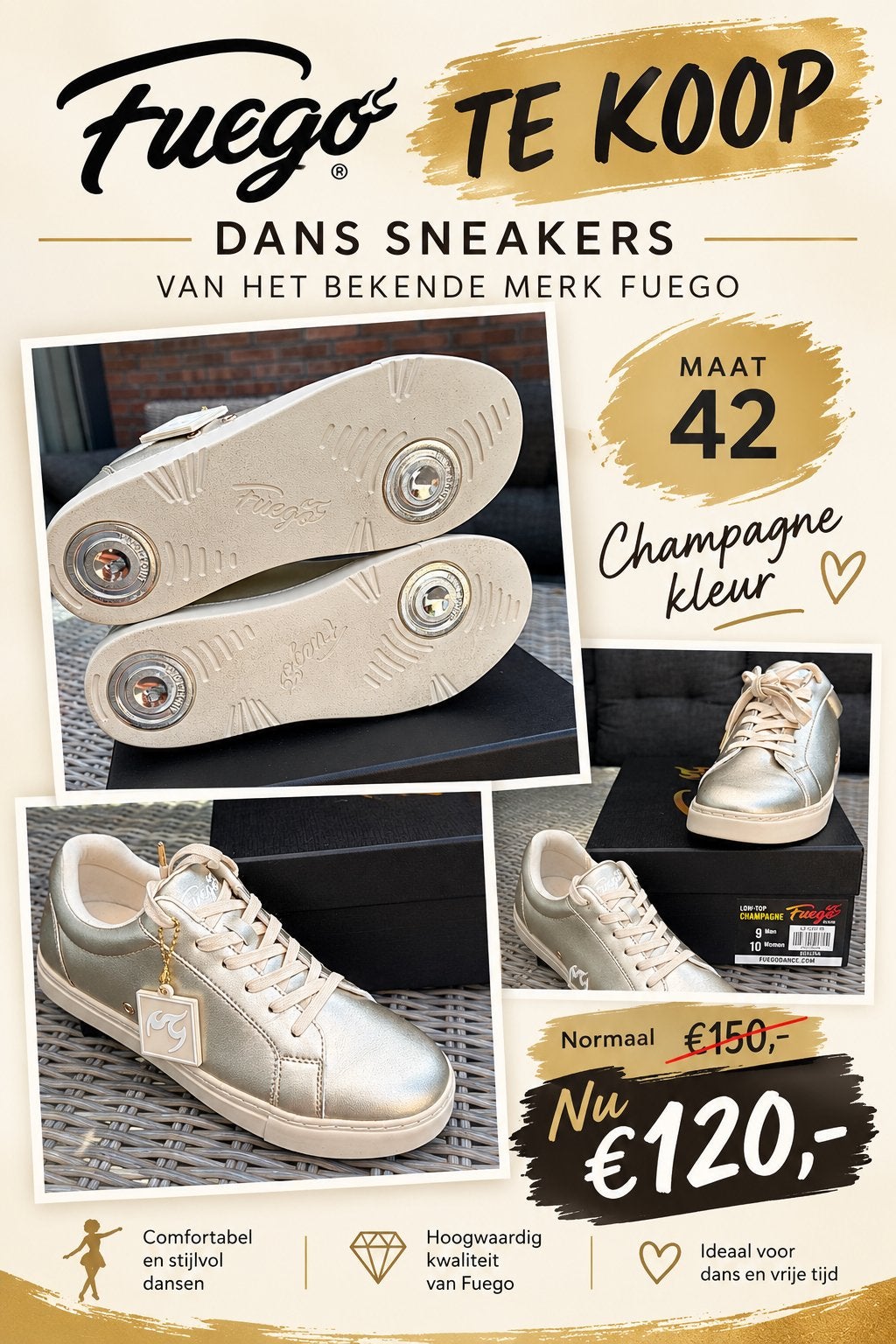 Fuego Dans Sneakers - Champagne Kleur - Maat 42, Ophalen of Verzenden, Nieuw, Overige kleuren, Dansschoenen
