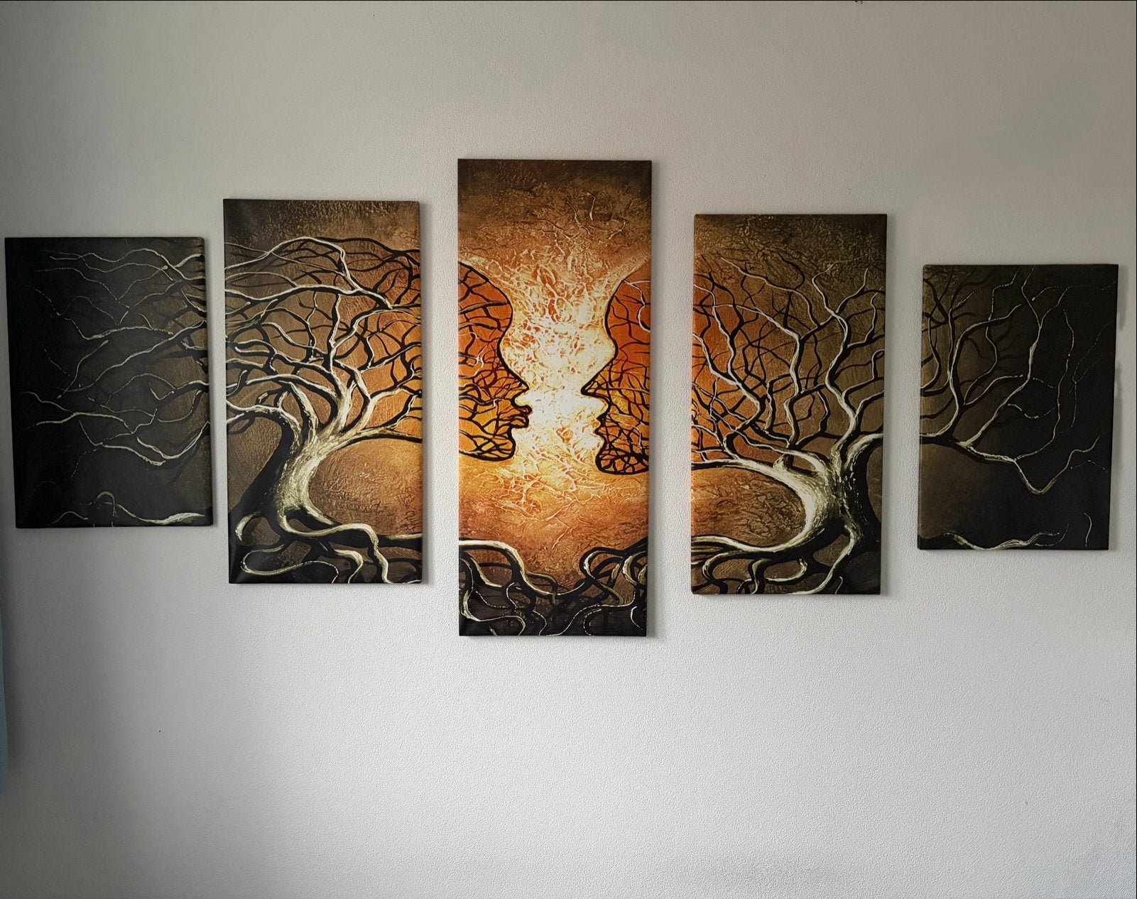 5 luik canvas Levensbomen & Gezichten, Antiek en Kunst, Ophalen