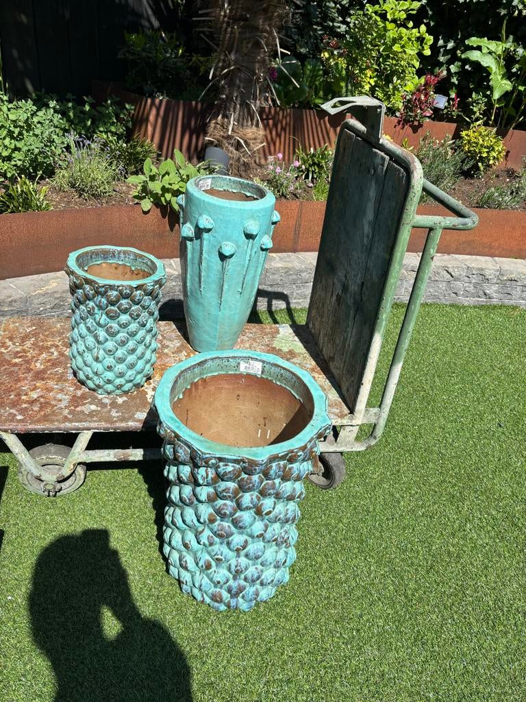 Set van 3 turquoise vazen/potten met bubbeltextuur, Huis en Inrichting, Woonaccessoires | Vazen, Ophalen, Gebruikt, Overige kleuren