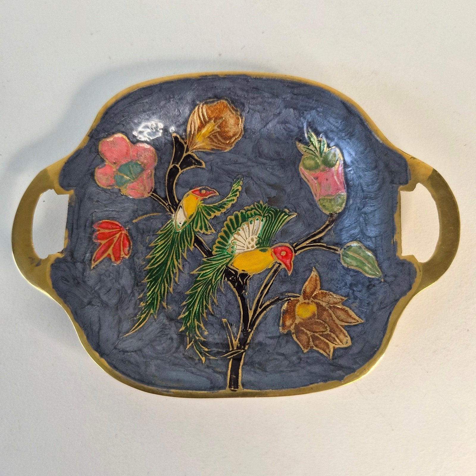 Geemailleerd messing sieradenschaaltje vogels bloemen blauw, Huis en Inrichting, Woonaccessoires | Dienbladen, Ophalen of Verzenden