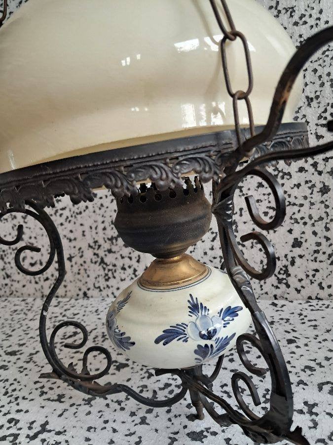 hangend delftstblauw olielamp melkglas kelk ,elektrisch, Ophalen of Verzenden