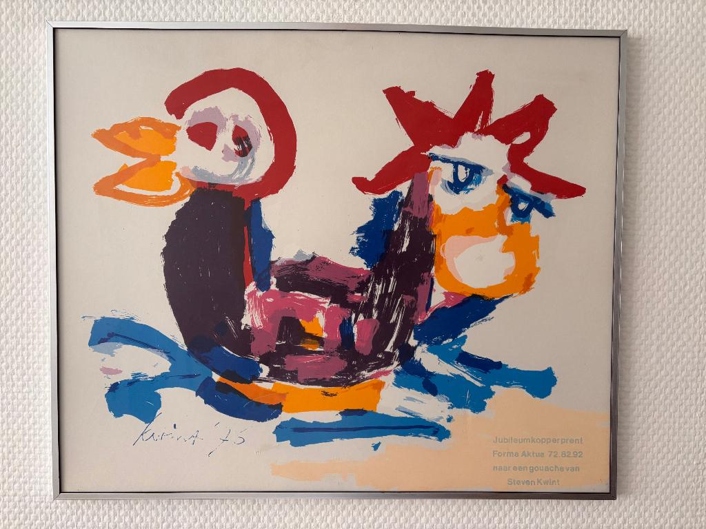Kopperprent Steven Kwint vogel en kip figuren., Ingelijst, Ophalen of Verzenden, Dieren en Natuur, Zeefdruk