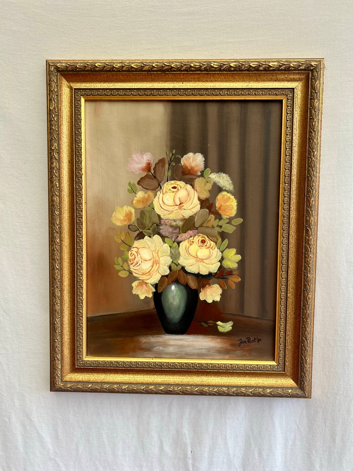 Vintage Bloemenstilleven in Gouden Lijst | 40x50 cm, Antiek en Kunst, Doek, Bijzondere lijst, Stilleven, Ophalen of Verzenden