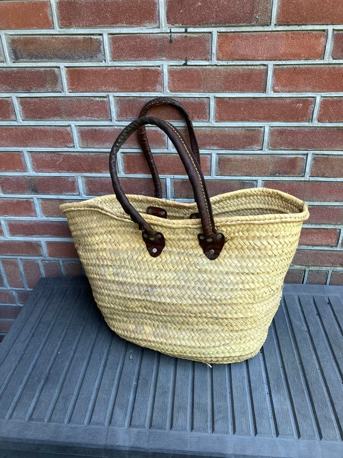 Grote rieten shopper / strandtas. Met leren hengsels, Sieraden, Tassen en Uiterlijk, Tassen | Damestassen, Ophalen of Verzenden