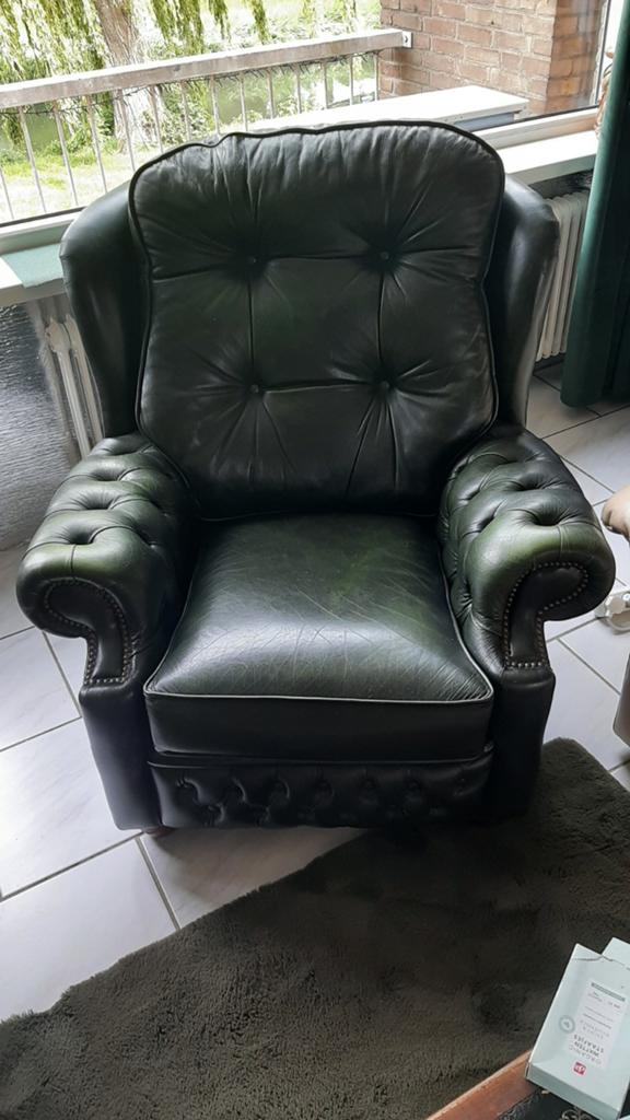 Chesterfield fauteuil - Groen leer, Ophalen, Gebruikt, Klassiek, Chesterfield, Engels, 75 tot 100 cm