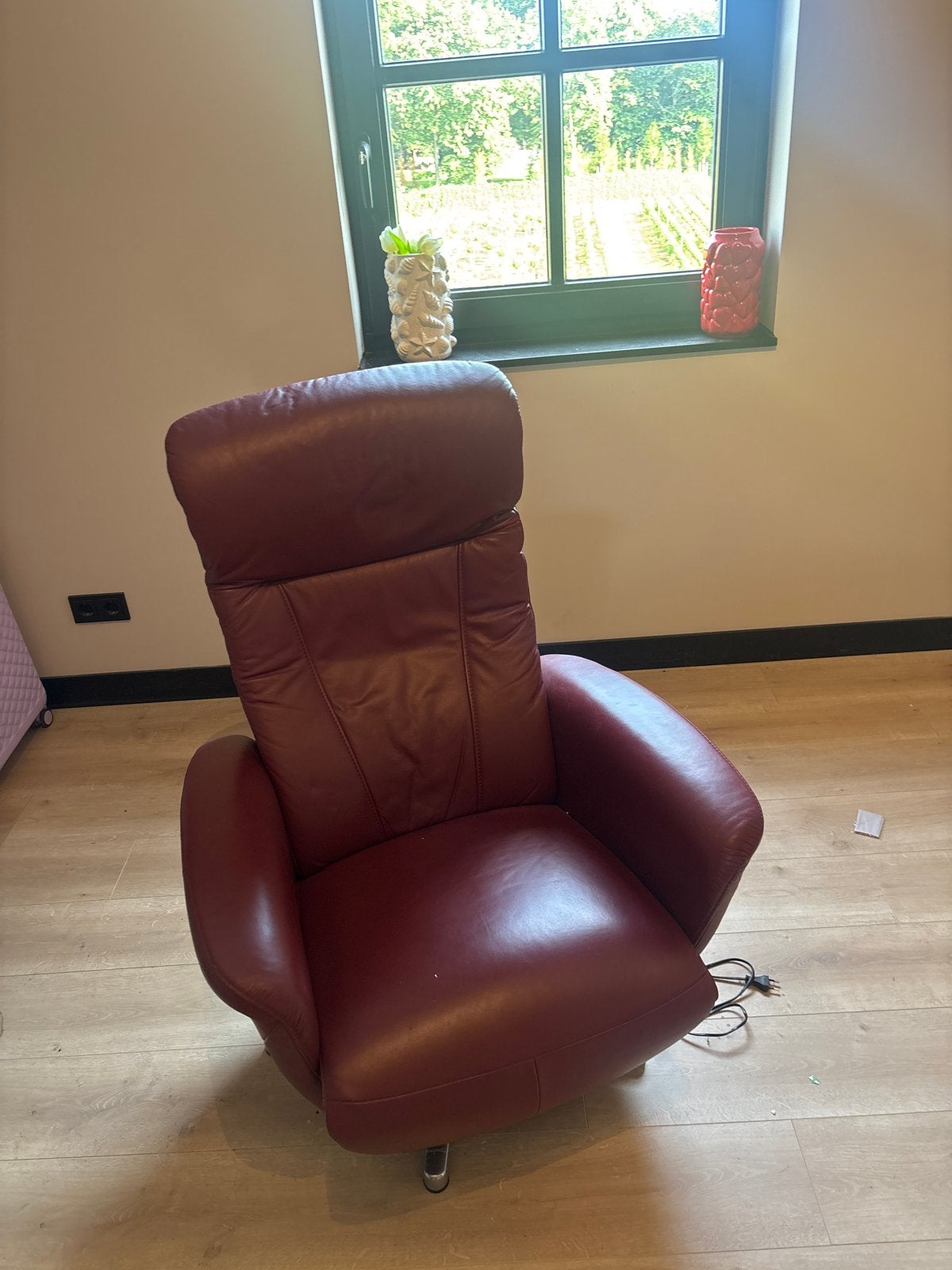 Comfortabele bordeauxrode leren relaxfauteuil, Ophalen, Gebruikt, Overige kleuren, Leer