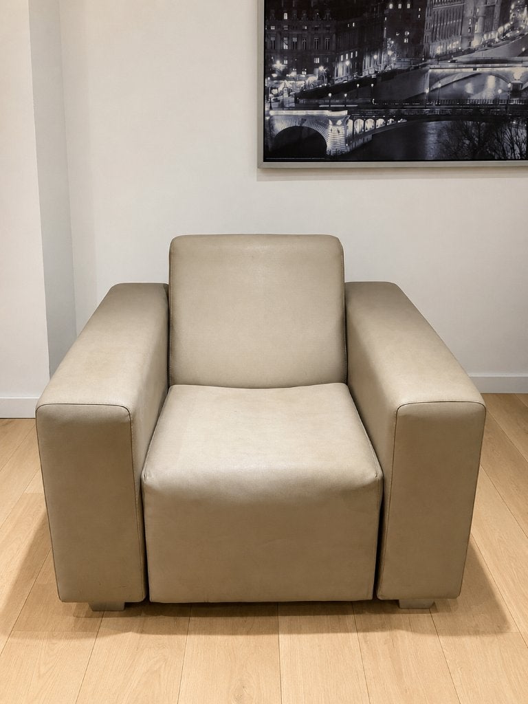 Ruime outdoor fauteuil beige/taupe – weerbestendige stof, Ophalen, Stof, 75 tot 100 cm, Zo goed als nieuw