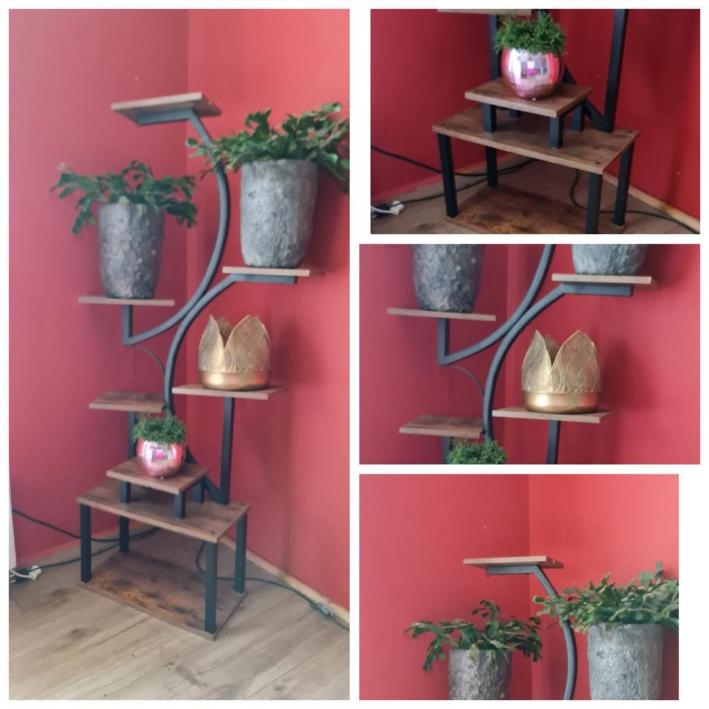 Plantenrek met bloempotten en inhoud, 1.55m hoog, Gebruikt, Ophalen of Verzenden, Binnen, Metaal