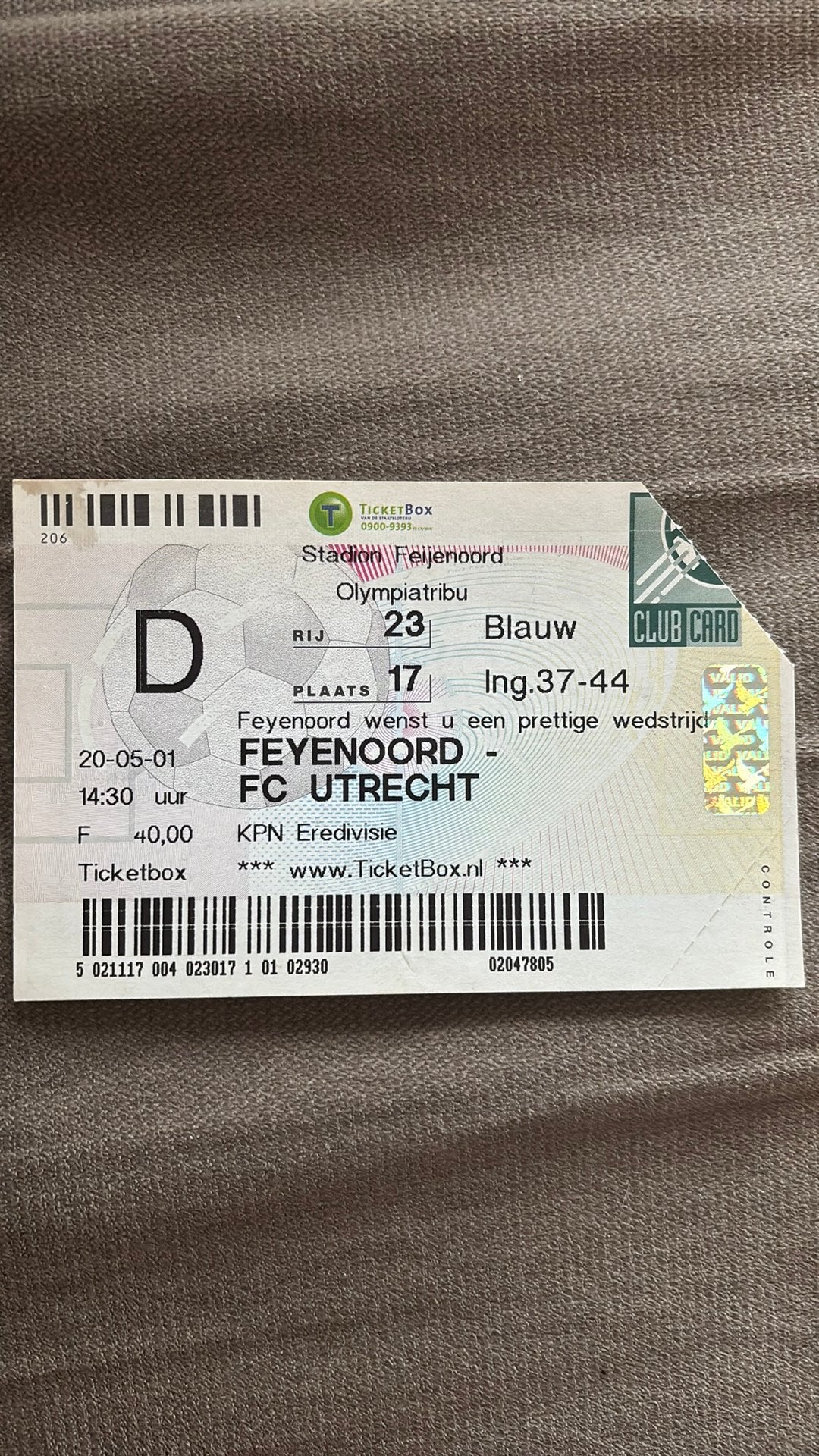 Oud stadionticket feyenoord fc utrecht 2001, Ophalen of Verzenden