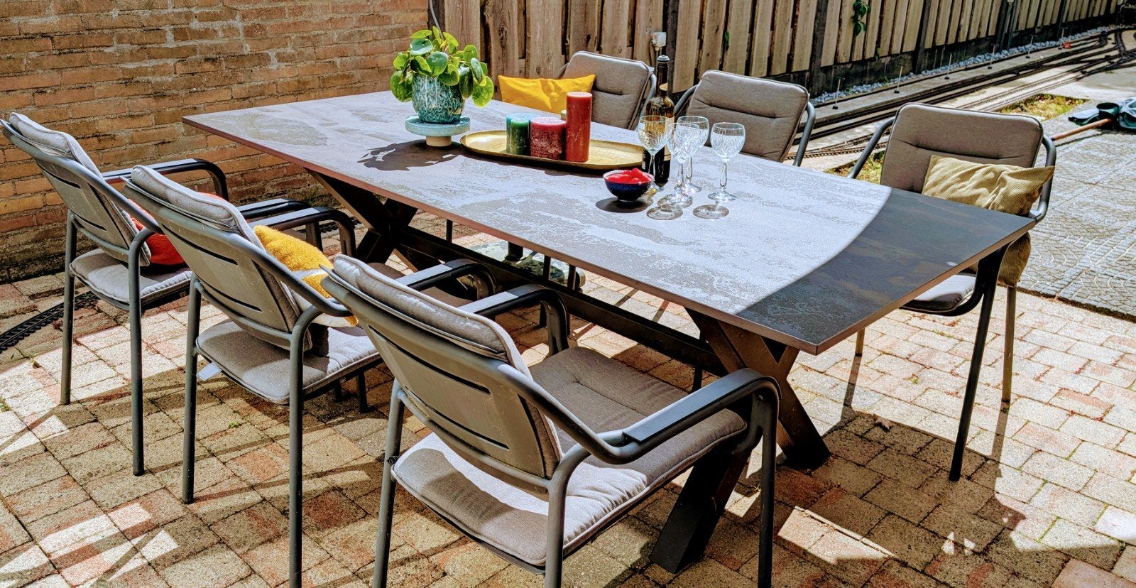 Hawk tuinset met 6 stoelen en Dekton tafelblad, Ophalen, Overige materialen, 6 zitplaatsen, Zo goed als nieuw