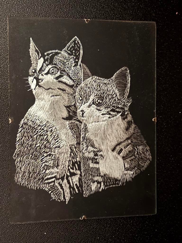 2 zilver gravures van poezen, Antiek en Kunst, Ophalen of Verzenden