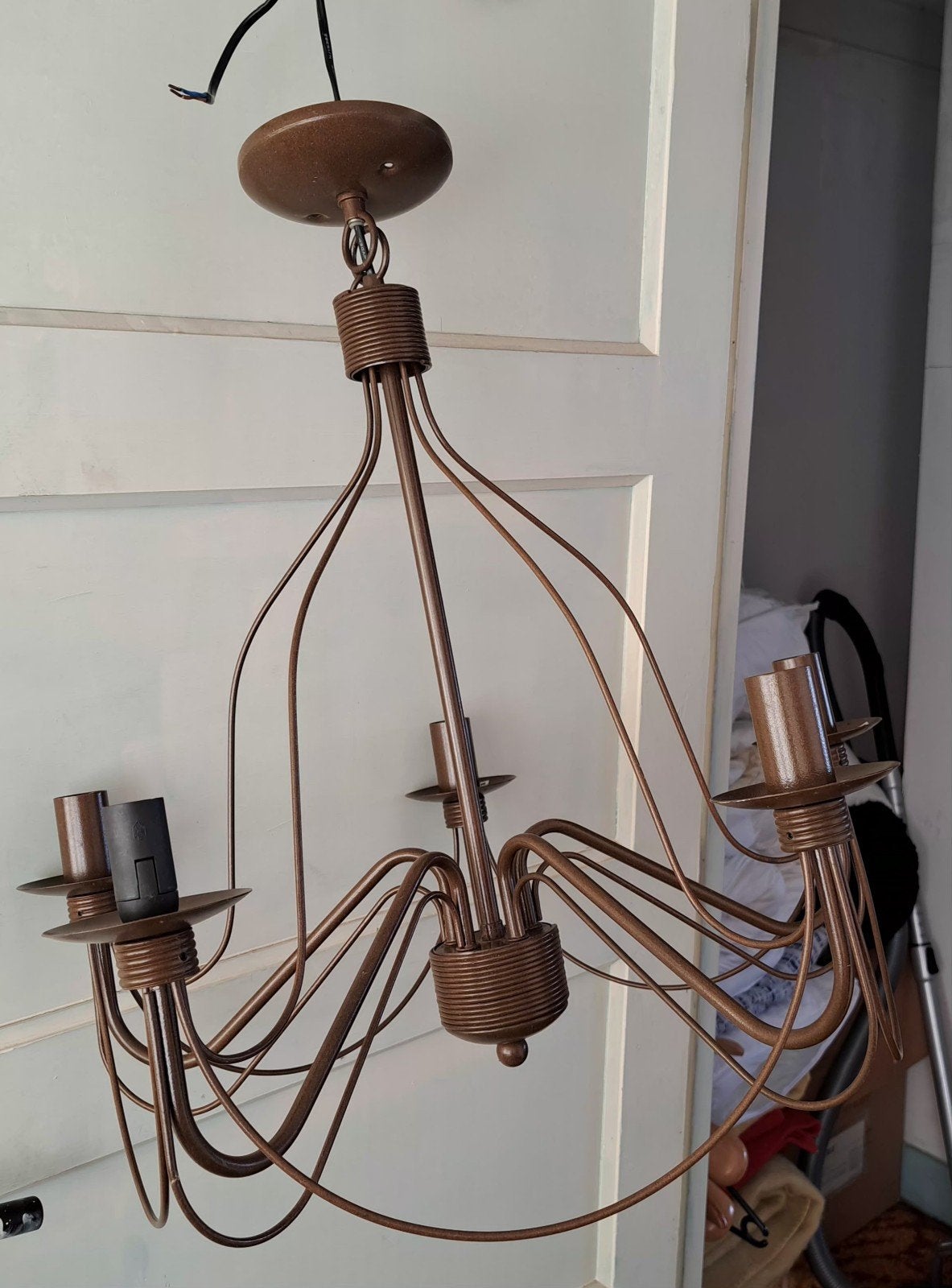 Vintage Kroonluchter met 5 Armen - Bruin Metaal, Ophalen, Gebruikt, E14 (klein), Vintage, Klassiek