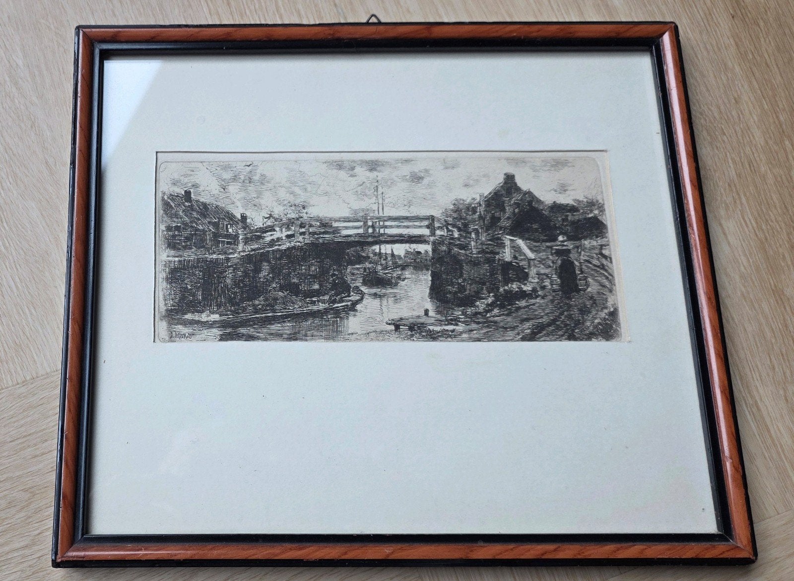 Ingelijste ets, gesigneerd 'J. Marris', Antiek en Kunst, Ophalen, Ingelijst, Ets, Landschap