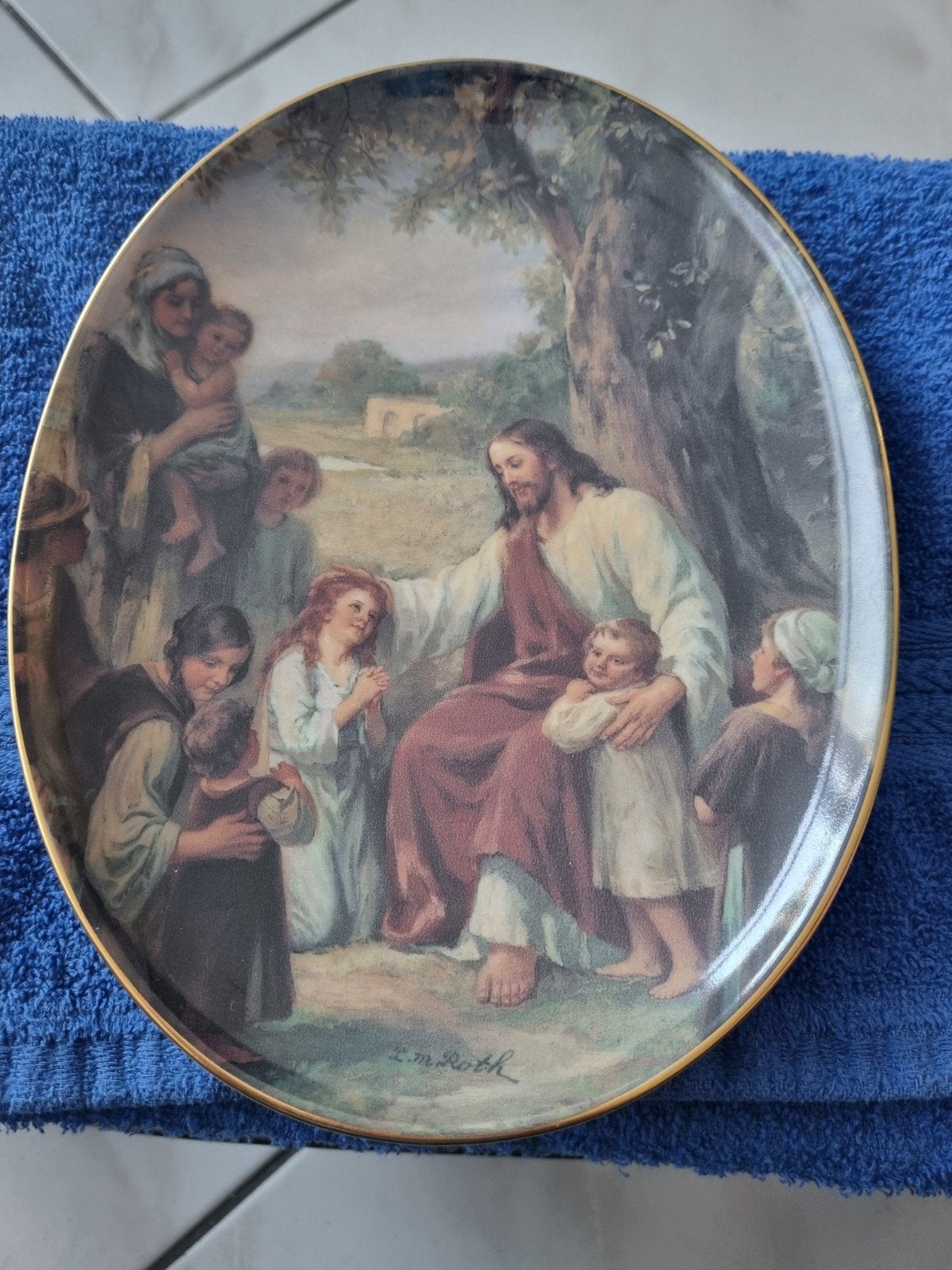 "Jezus zegent de kinderen" (1995), Antiek en Kunst, Antiek | Wandborden en Tegels, Ophalen of Verzenden