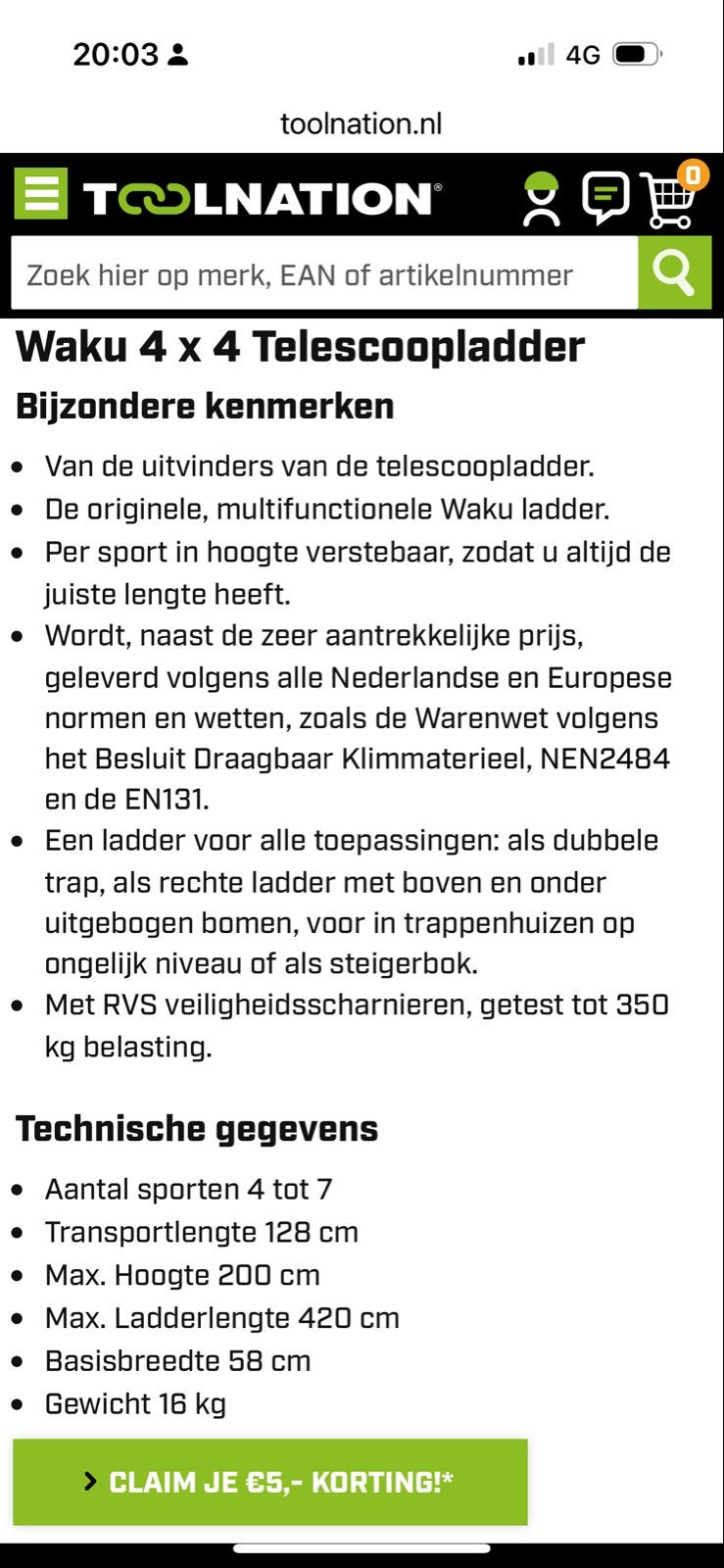 Waku 4x4 Telescoopladder - Multifunctioneel en Veilig, Doe-het-zelf en Verbouw, Ladders en Trappen, Gebruikt, Ophalen of Verzenden