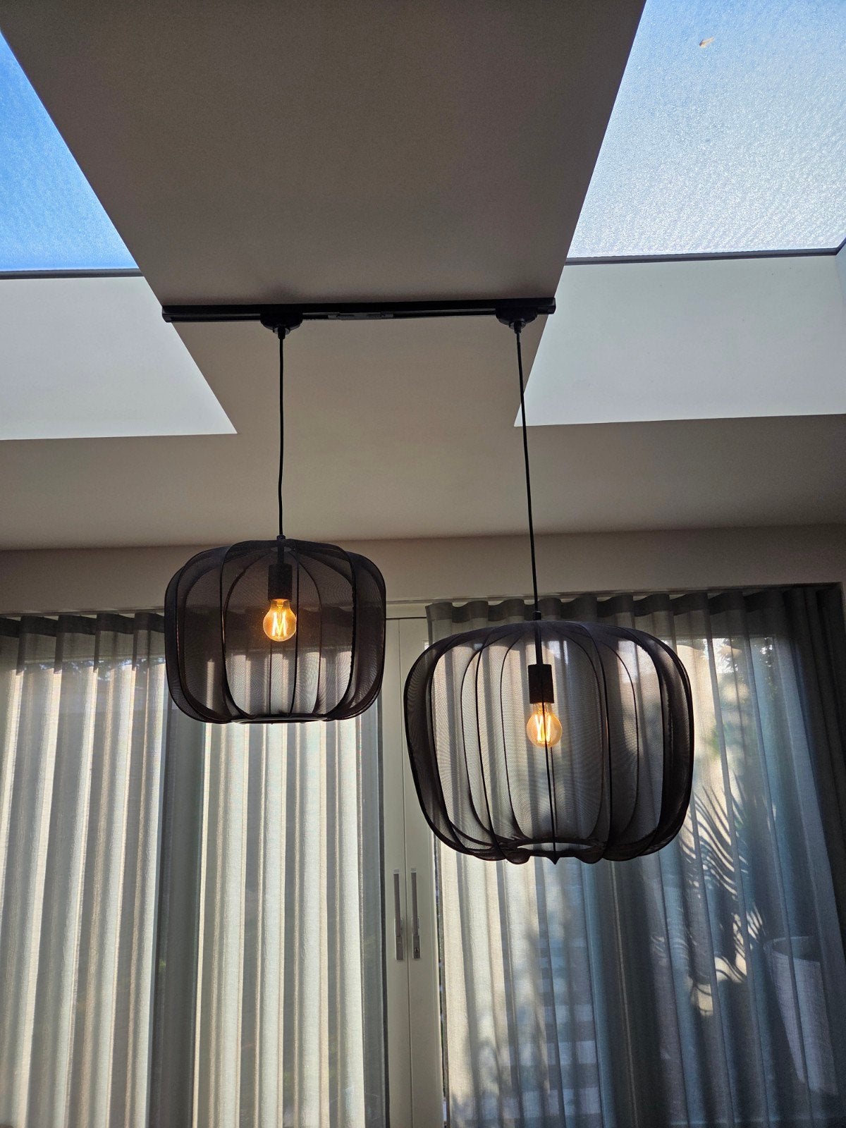 Twee Plumeria hanglampen met rails en incl verlichting, Ophalen, Zo goed als nieuw