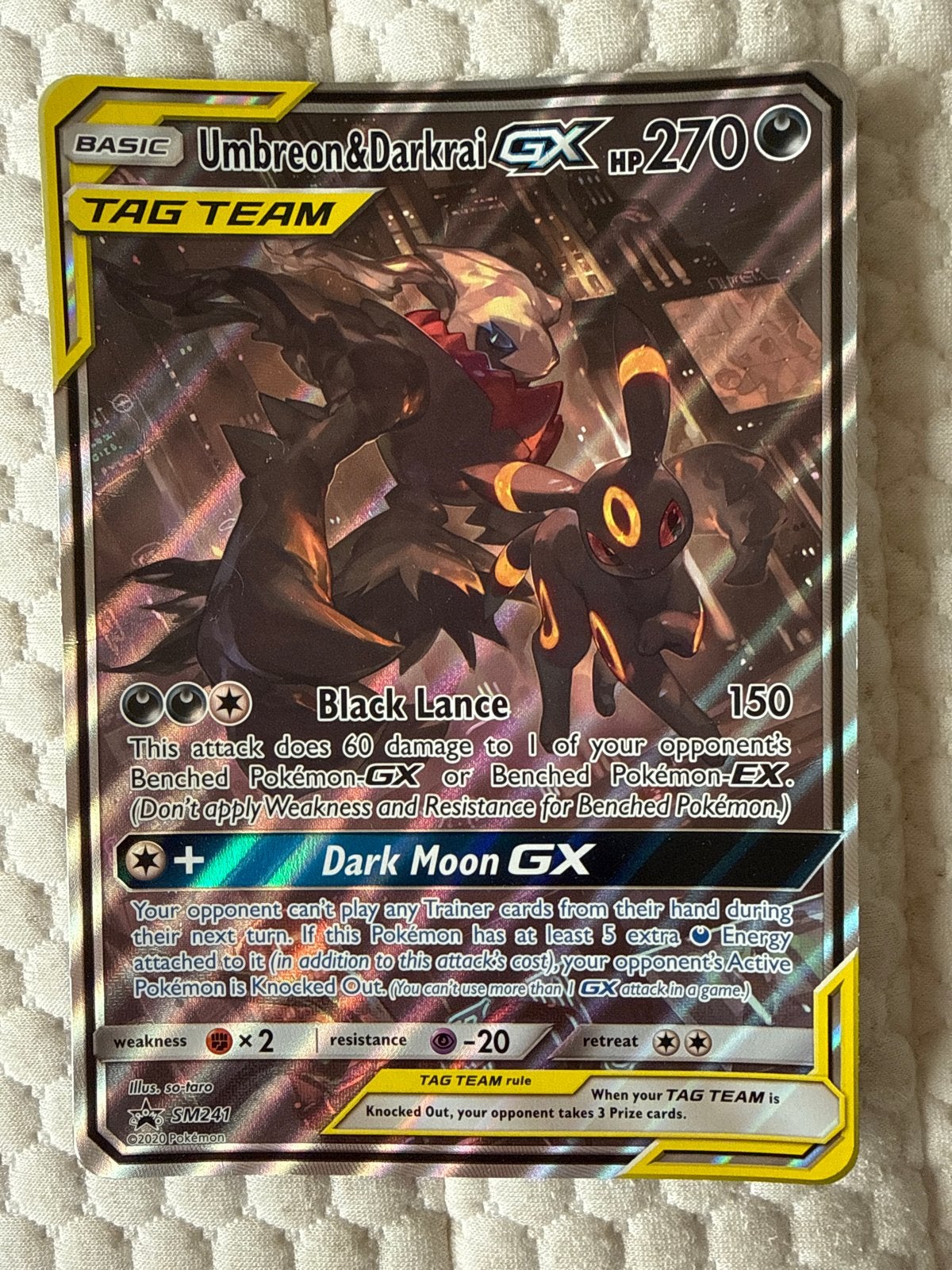Umbreon & Darkrai GX SM241 Holofoil Pokémon Kaart, Ophalen of Verzenden, Zo goed als nieuw, Losse kaart, Foil