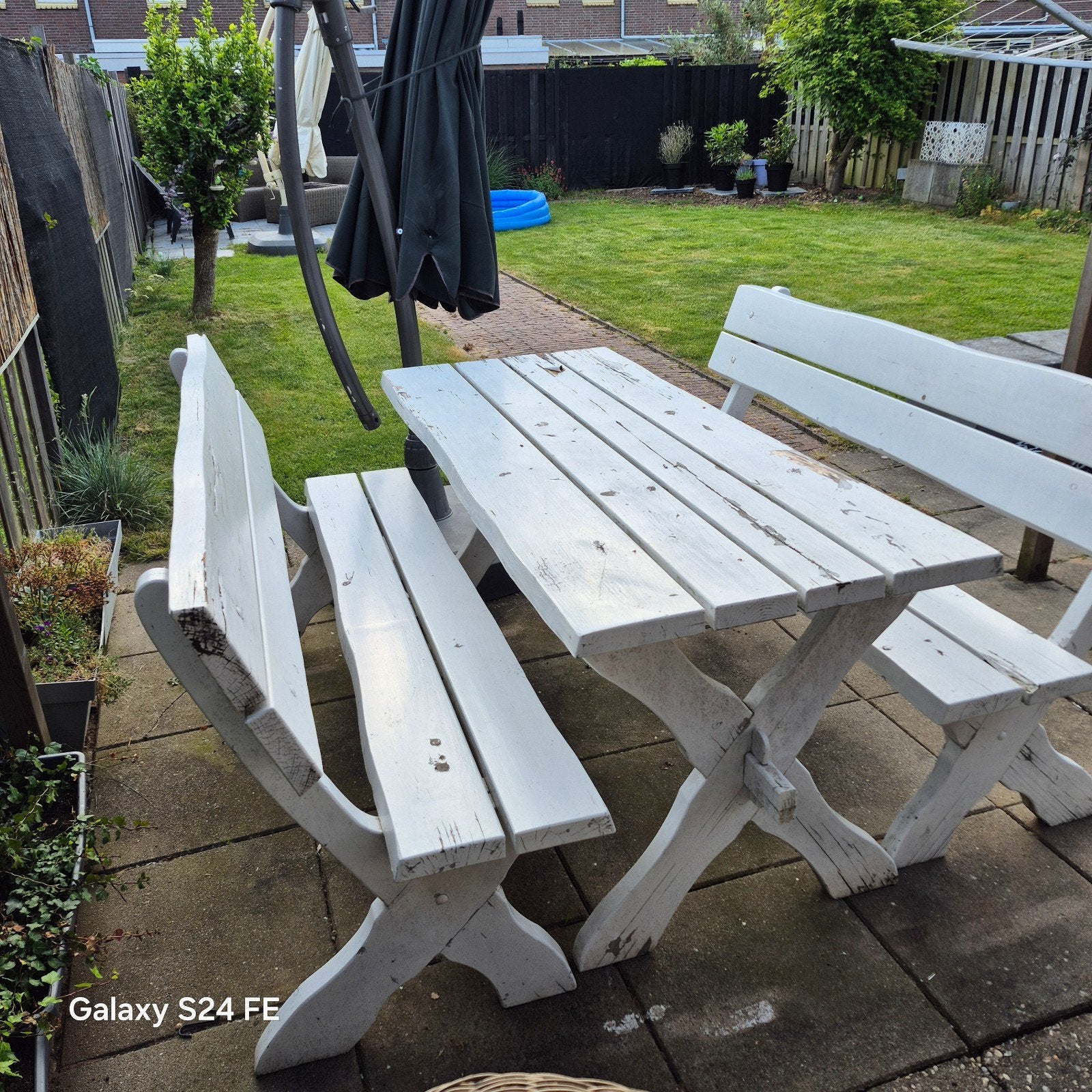 Zware picknicktafel/ tuinset met losse banken - 1.80m, Ophalen, Gebruikt, Rechthoekig, Hout