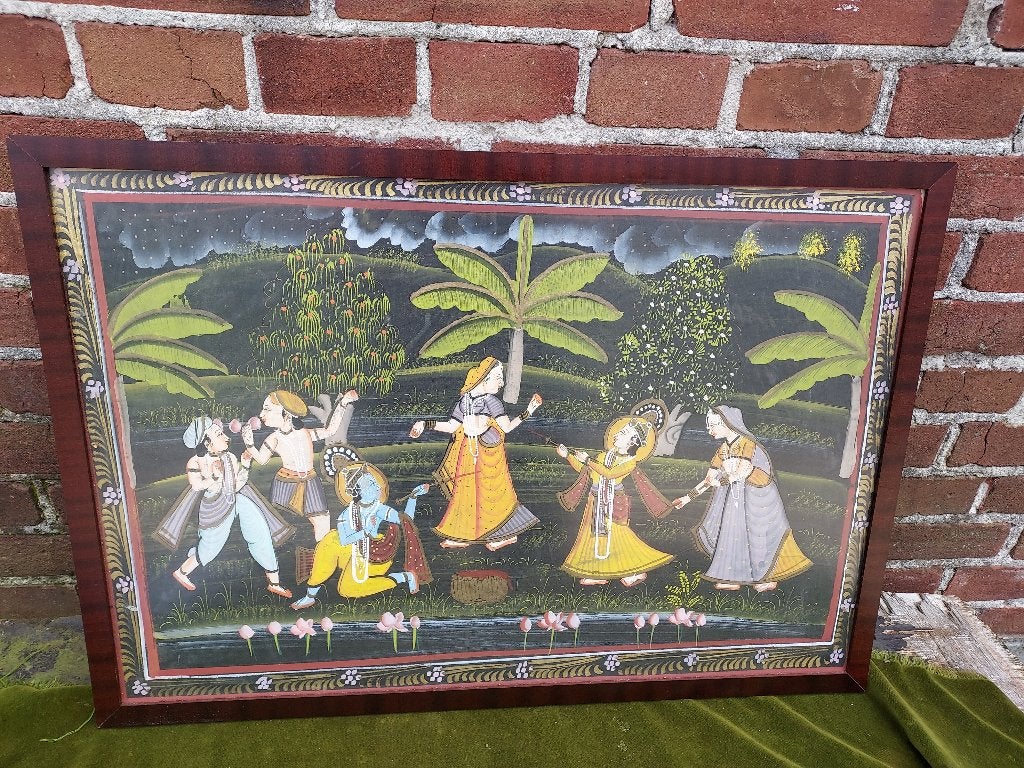 Schilderij met Hindoestaanse heilige avond voorstelling., Antiek en Kunst, Kunst | Niet-Westerse kunst, Ingelijst, India, Ophalen of Verzenden
