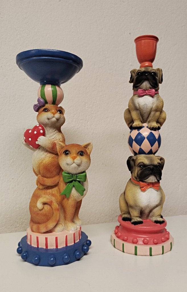 Kaarsenstandaard circus katten of honden, Huis en Inrichting, Woonaccessoires | Kandelaars en Kaarsen, Overige materialen, Kwastje-over-Kastje