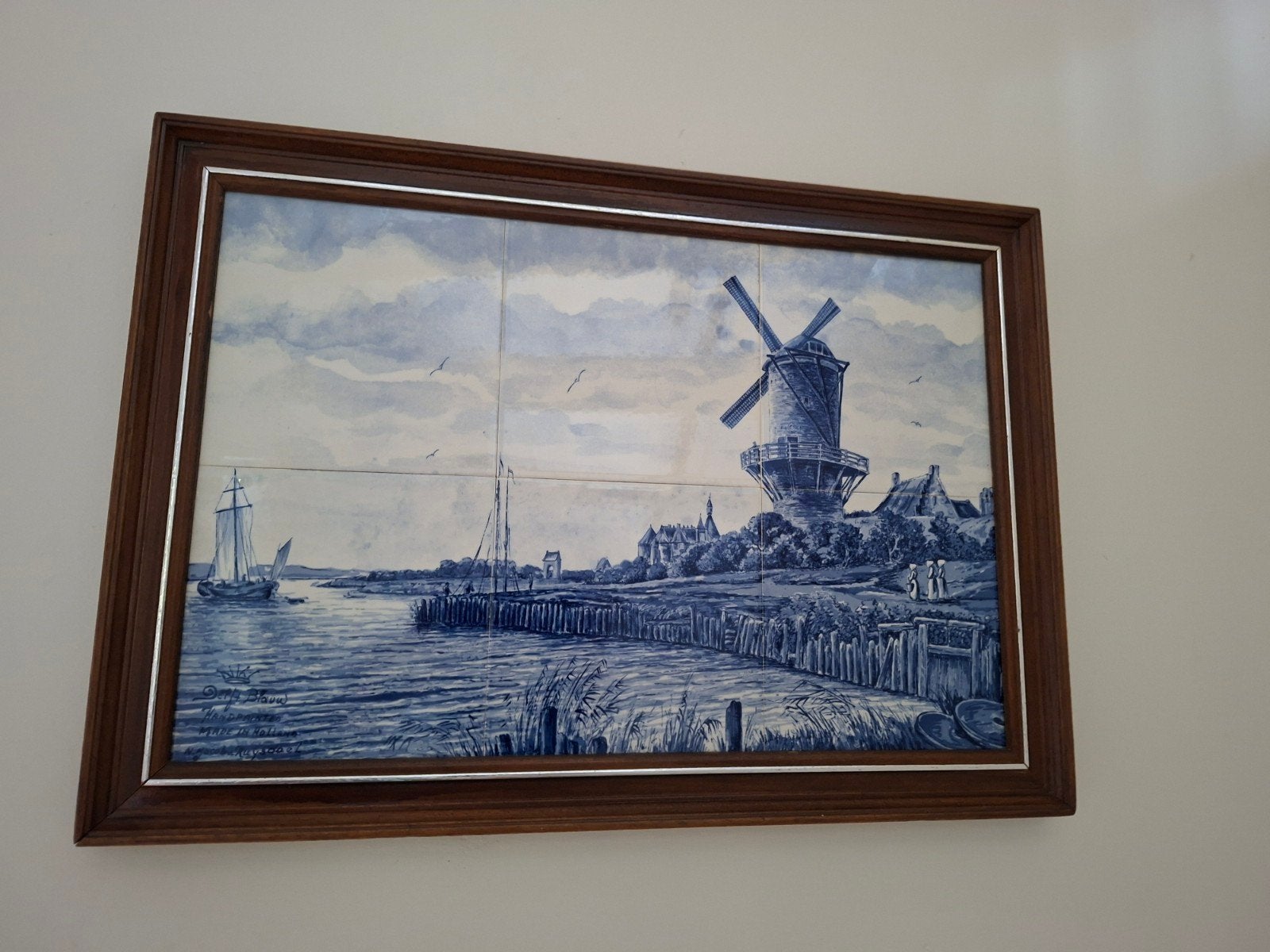 Delfts Blauw Tegeltableau Molen Landschap 34x50 cm, Antiek en Kunst, Ophalen of Verzenden