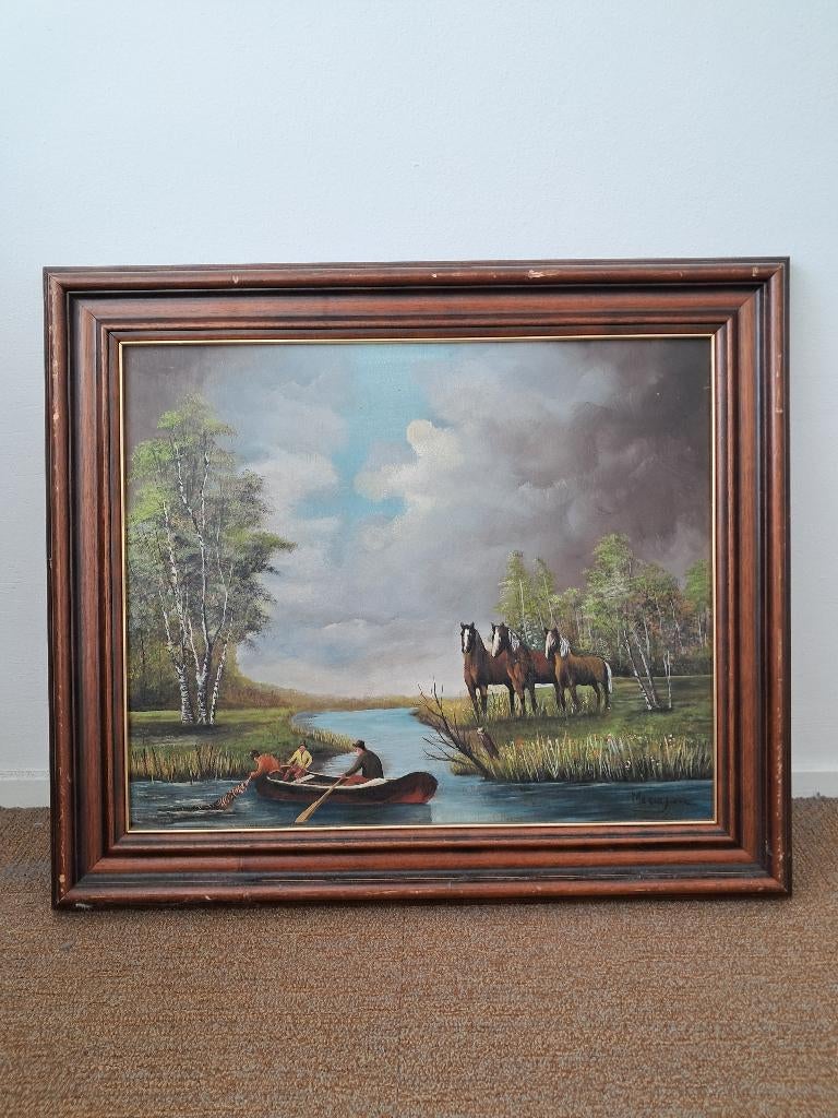 Oud schilderij van natuur en paarden – handgeschilderd, Ophalen