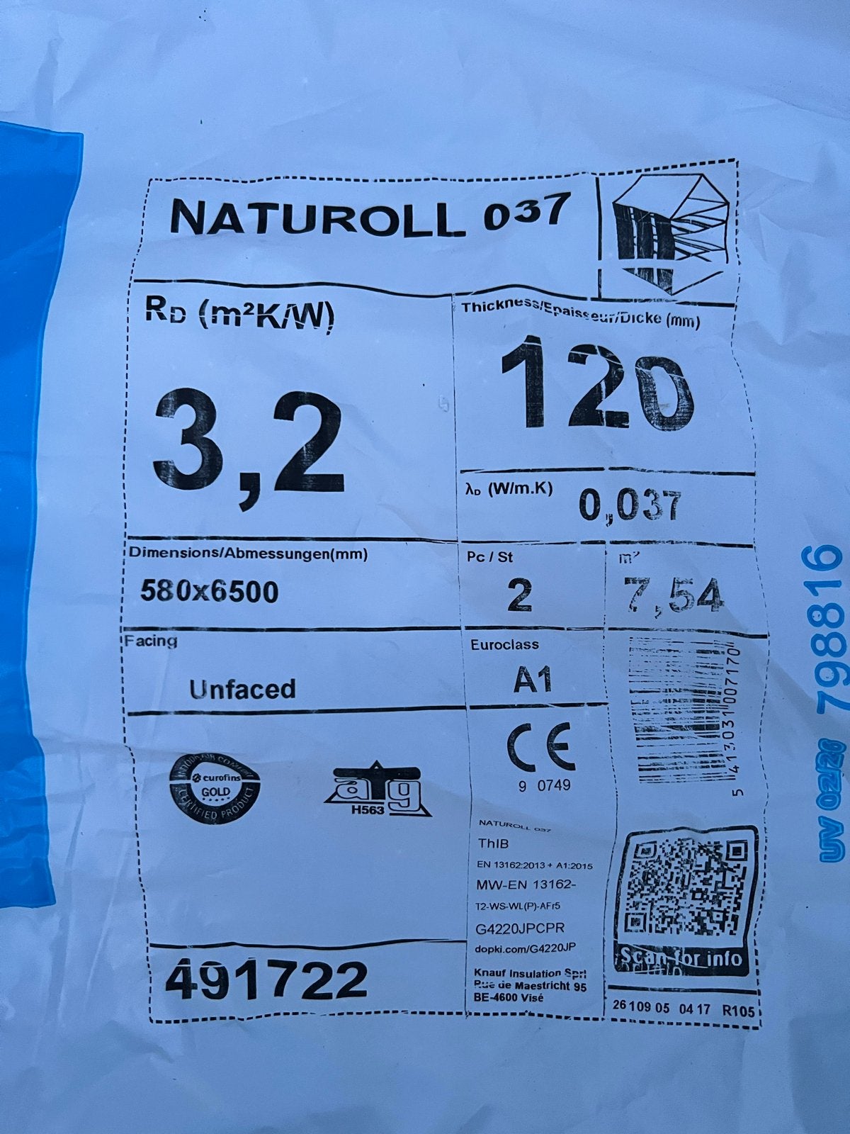 Knauf Naturoll 037 Glaswol Isolatie - 120mm dik, Ophalen, 12 cm of meer, Nieuw, 5 tot 10 m²