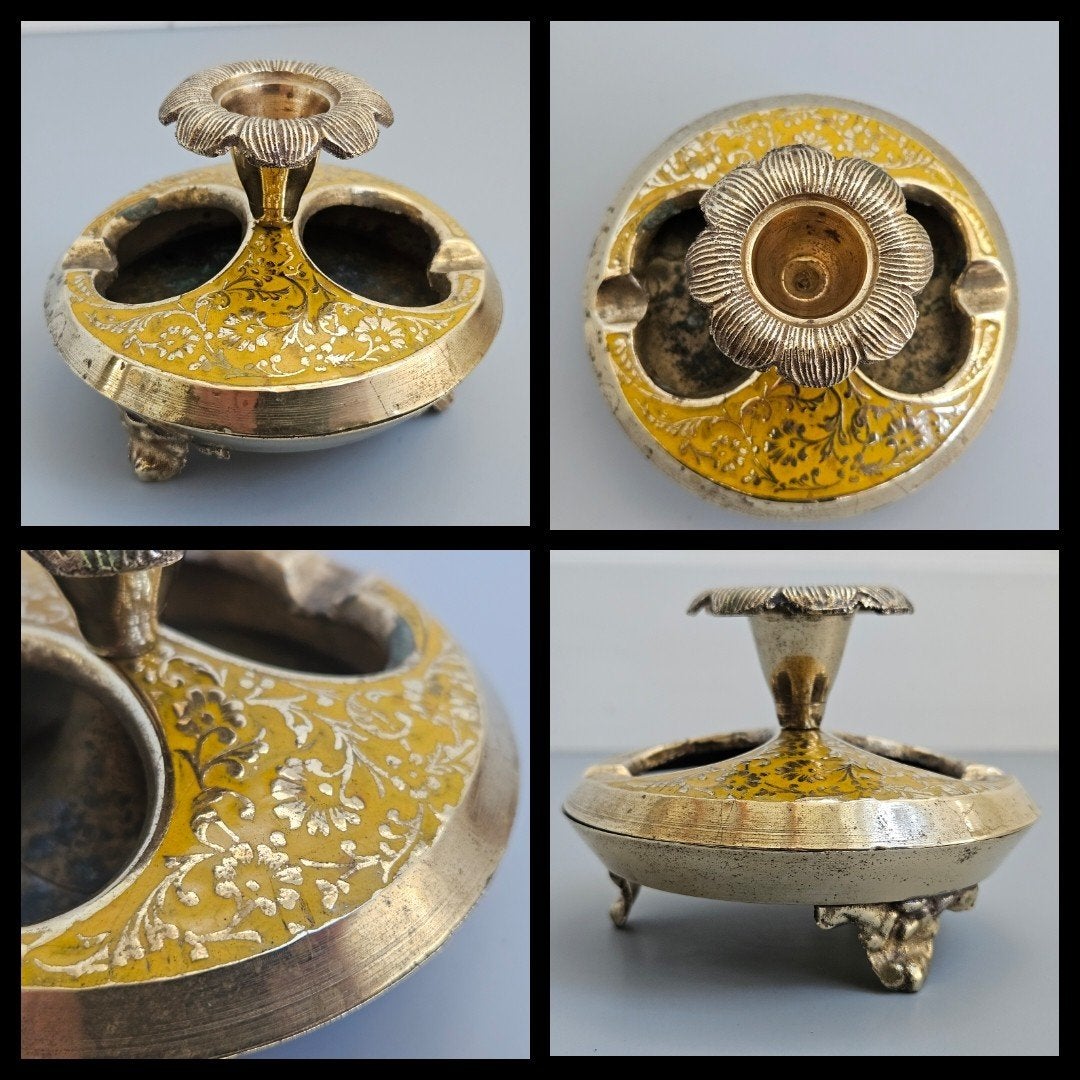 Antiek koper, koperen éénlichts kandelaar met asbak, Ophalen of Verzenden, Koper of Brons