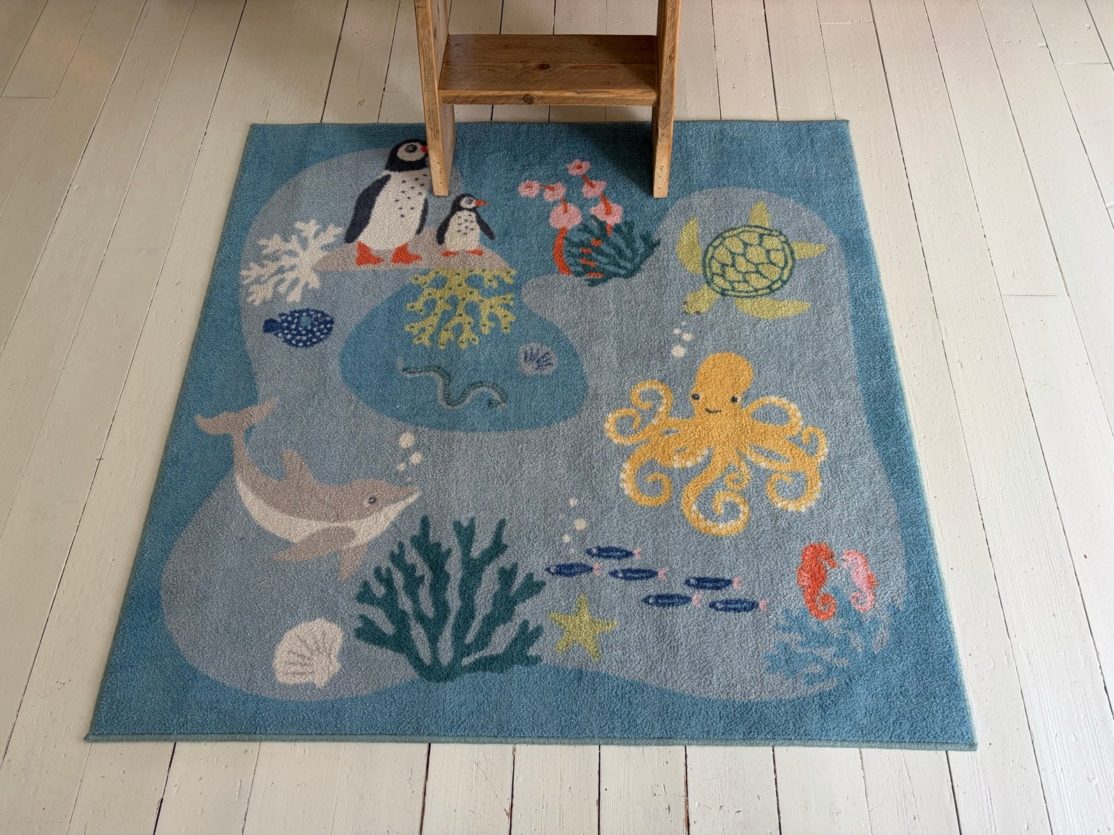 Ikea Tapijt met onderwaterwereld design, Gebruikt, 100 tot 150 cm, Blauw, Ophalen of Verzenden