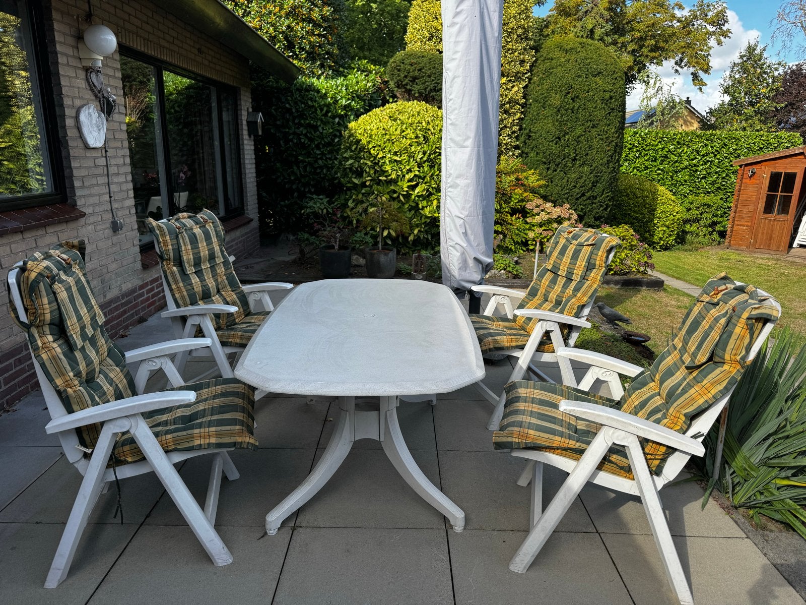 Tuinset: Hartman tafel, 4 Aquarius stoelen, 2 Jardin stoelen, Tuin en Terras, Tuinsets en Loungesets, Ophalen, Kunststof, Gebruikt