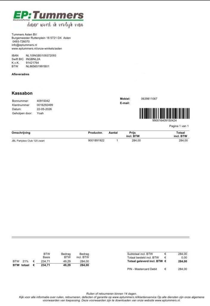Foto 10 van JBL PartyBox Club 120 Bluetooth Speaker Zwart + Factuur