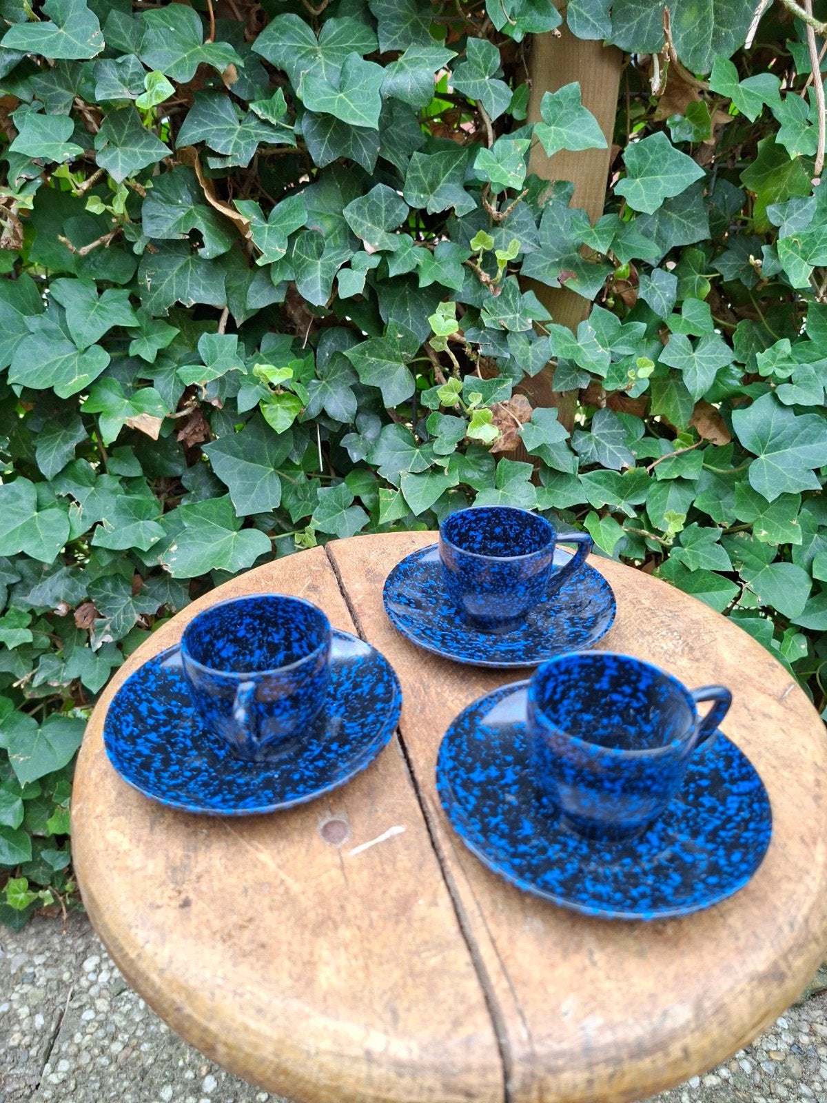 Bakelieten Kop en Schotels - Blauw Gespikkeld (3 st, Antiek en Kunst, Antiek | Servies los, Ophalen of Verzenden