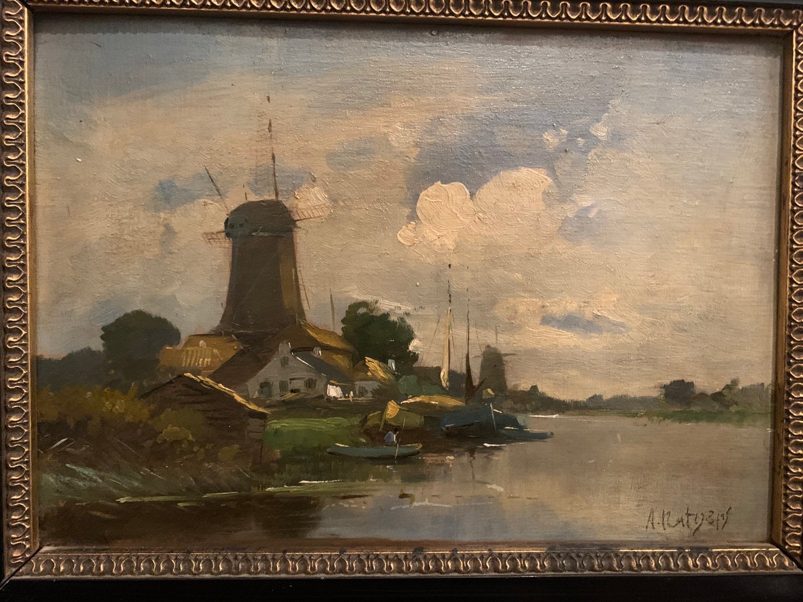 Olieverf schilderij molen bij plas met lijst 41 cm bij 33 cm, Ophalen of Verzenden