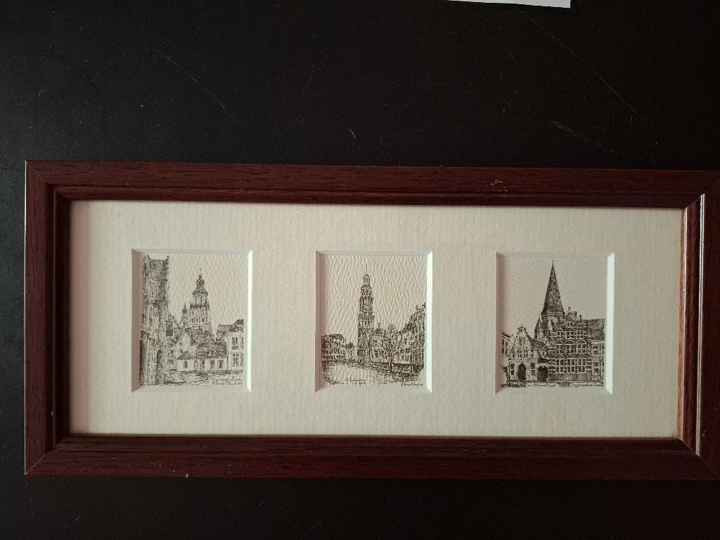 Ingelijst drieluik – stadsgezichten Zutphen (pentekeningen), Antiek en Kunst, Kunst | Tekeningen en Foto's, Ophalen of Verzenden