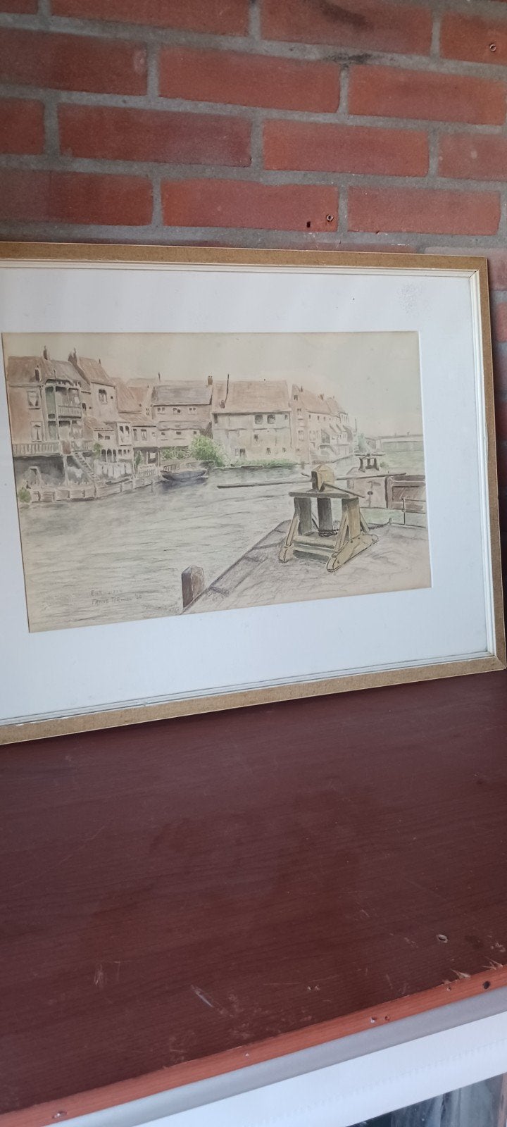 Ingelijste tekening van Enkhuizen door Frans Terwiel, Antiek en Kunst, Kunst | Tekeningen en Foto's, Ophalen of Verzenden, Tekening