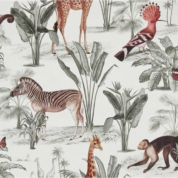 Jungle Behang 4 rollen met Dieren - Apen, Giraffen, Zebra's, Huis en Inrichting, Stoffering | Behang, Ophalen of Verzenden, 10 tot 25 m²